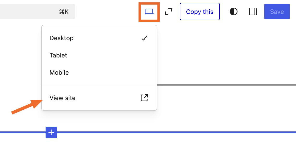 Screenshot of the "view site" button in WordPress
