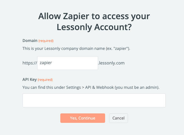 A pop-up window with the text "Allow Zapier to access your Lessonly Account?" with fields for a domain and API key.