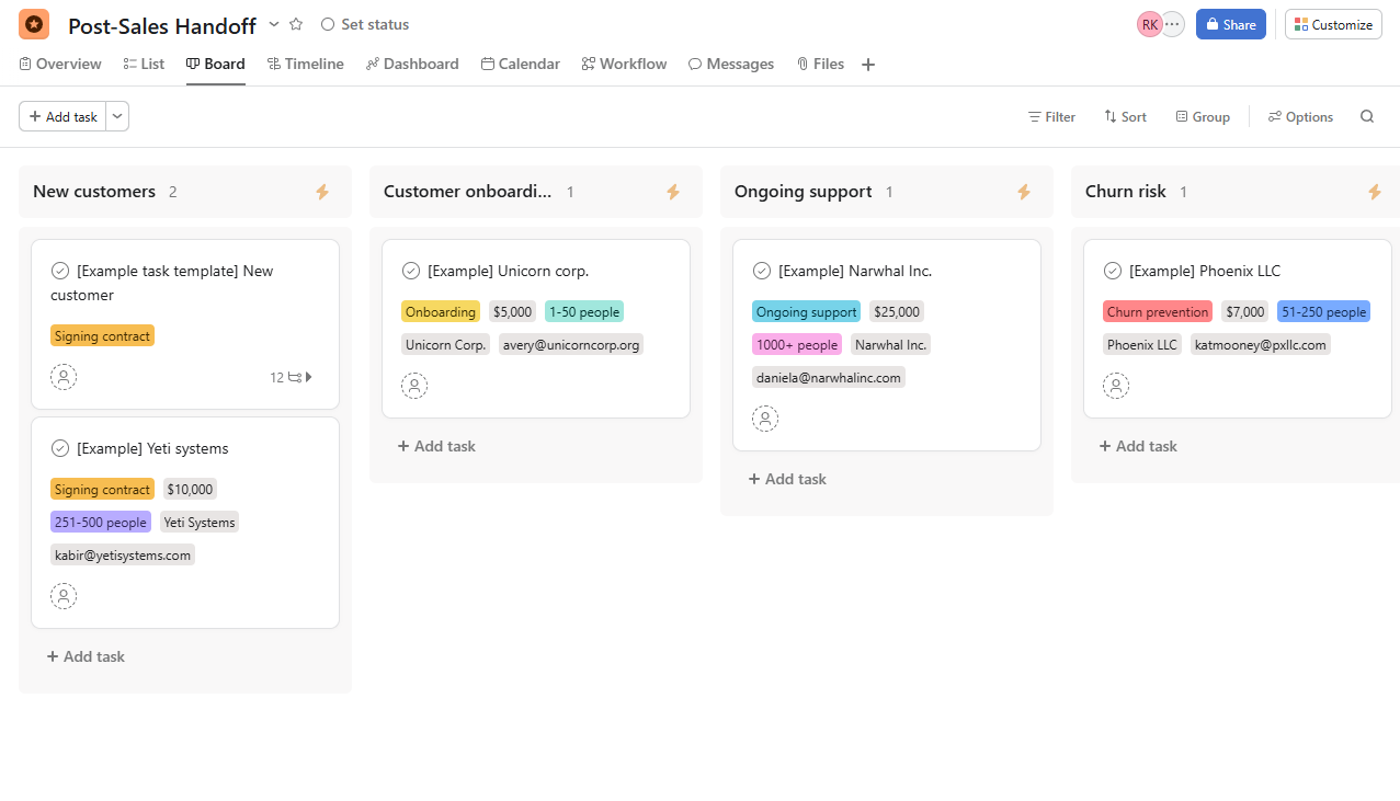 Asana's post-sales handoff template