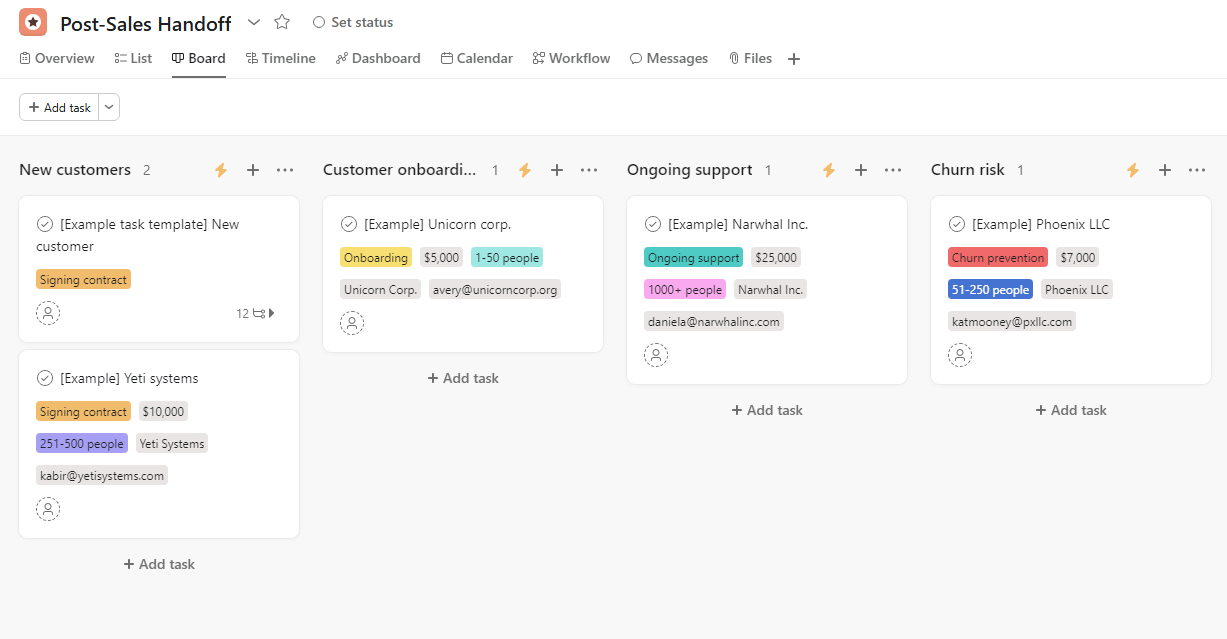 Asana's post-sales handoff template