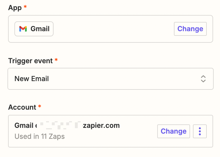 Screenshot of Gmail trigger set up