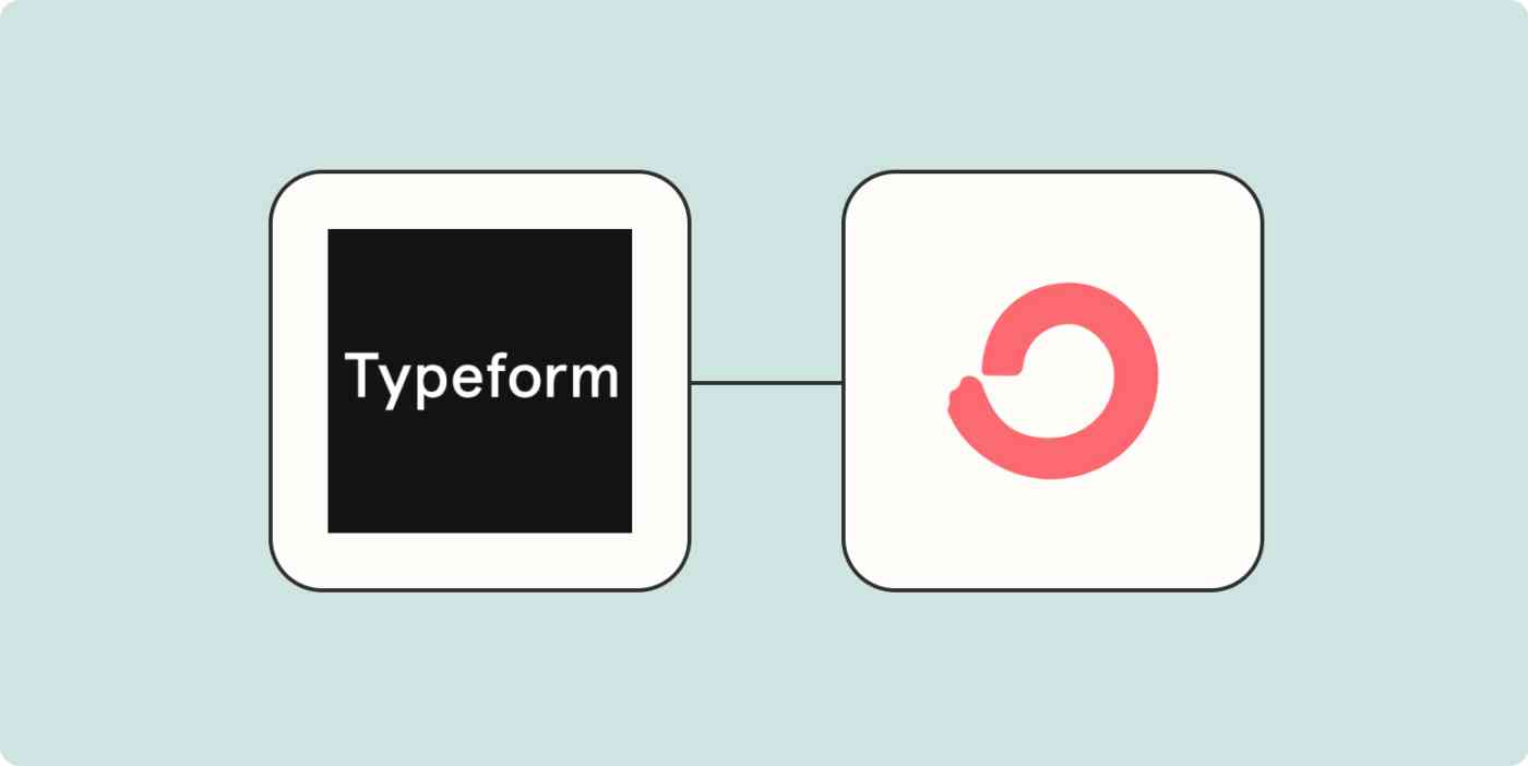 The Typeform app logo connected to the ConvertKit app logo on a light blue background.