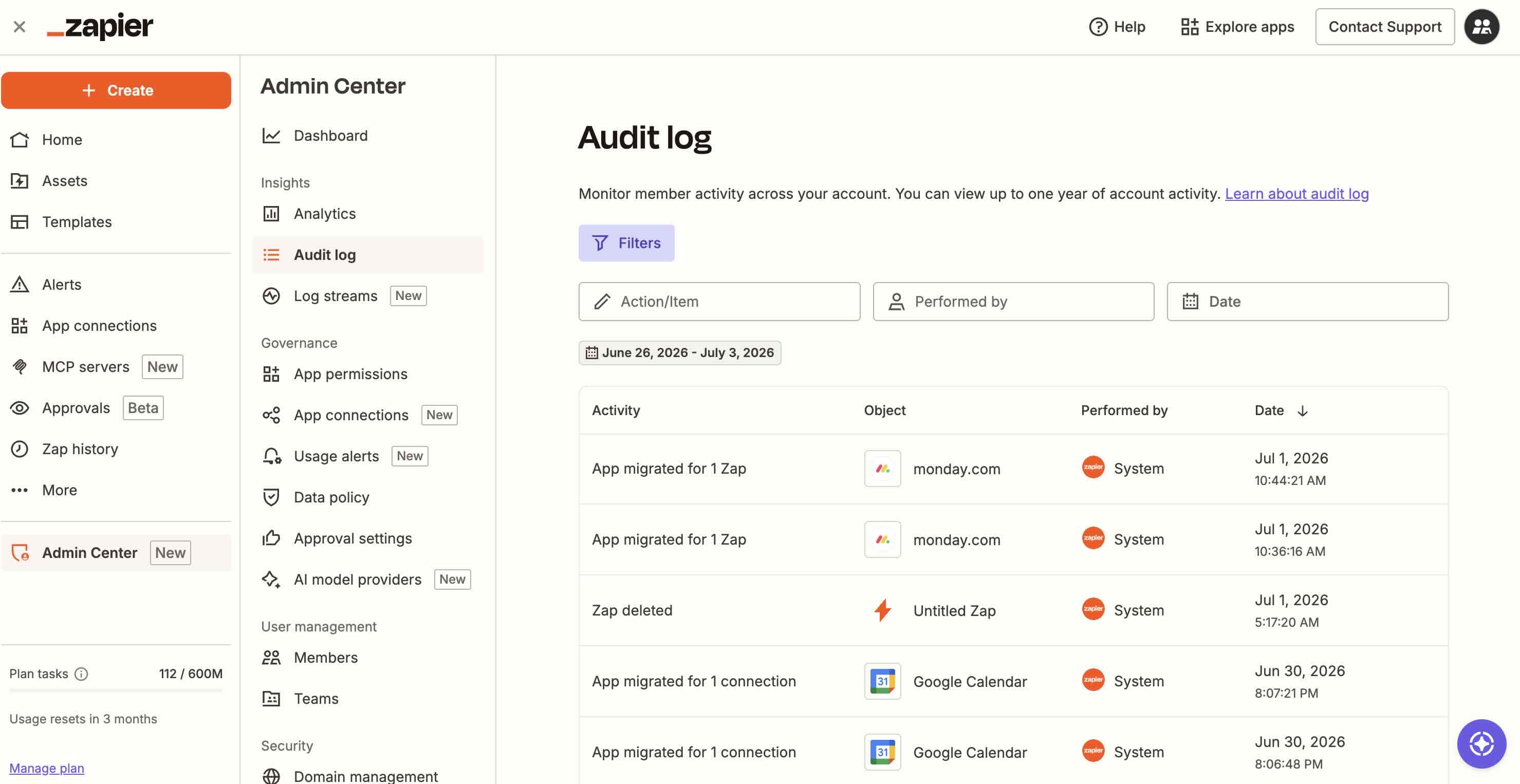 Audit logs in Zapier