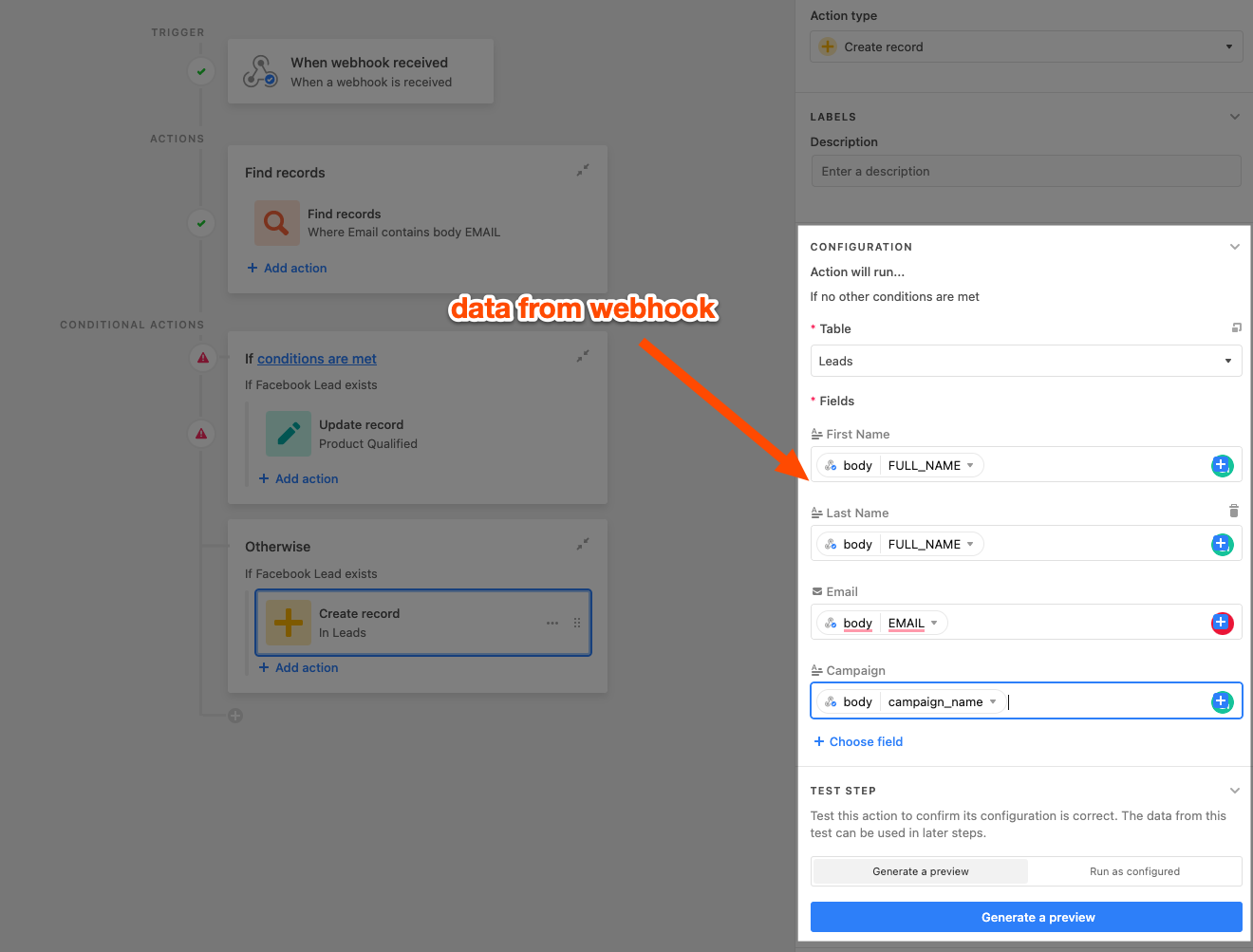 Fields in Airtable with data from the webhooks step added to it.