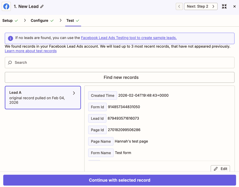 Zapier সম্পাদকে একটি সফল ট্রিগার ধাপ পরীক্ষার স্ক্রিনশট।