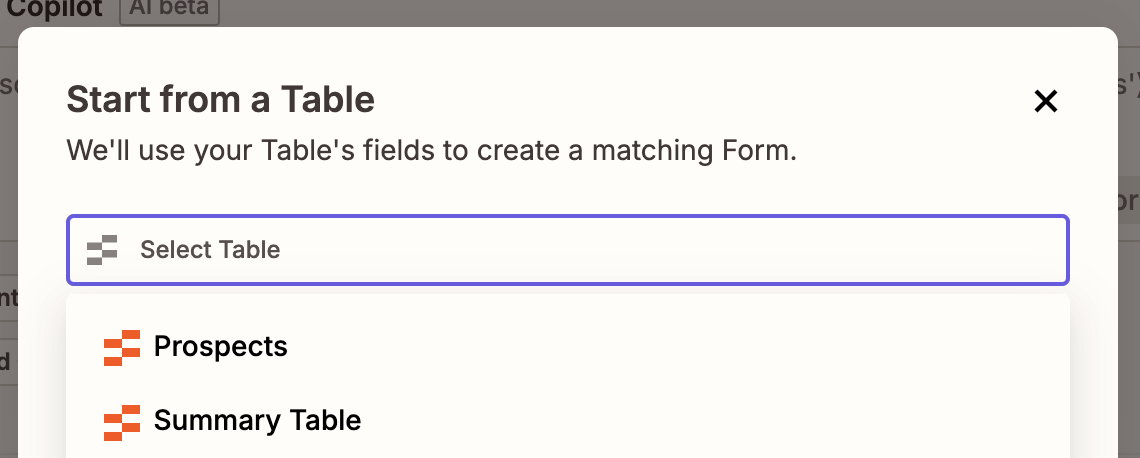 Dialog box titled Start from a Table with a Select Table field showing Prospects and Summary Table options