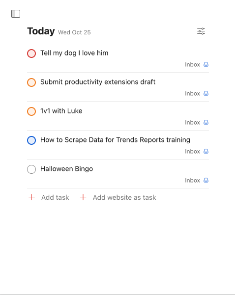 Screenshot of a to-do list in Todoist, with simple black text on a white background and red, orange, and blue circles to check off each task 