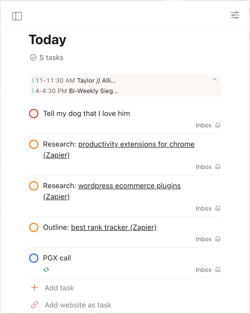 Screenshot of a to-do list in Todoist, with simple black text on a white background and red, orange, and blue circles to check off each task 