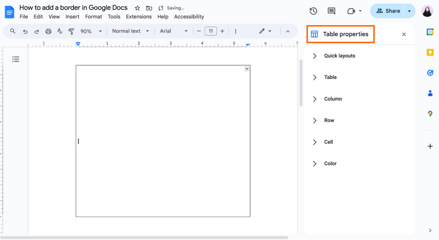 Table properties menu in Google Docs with the following options: quick layouts, table, column, row, cell, and color.
