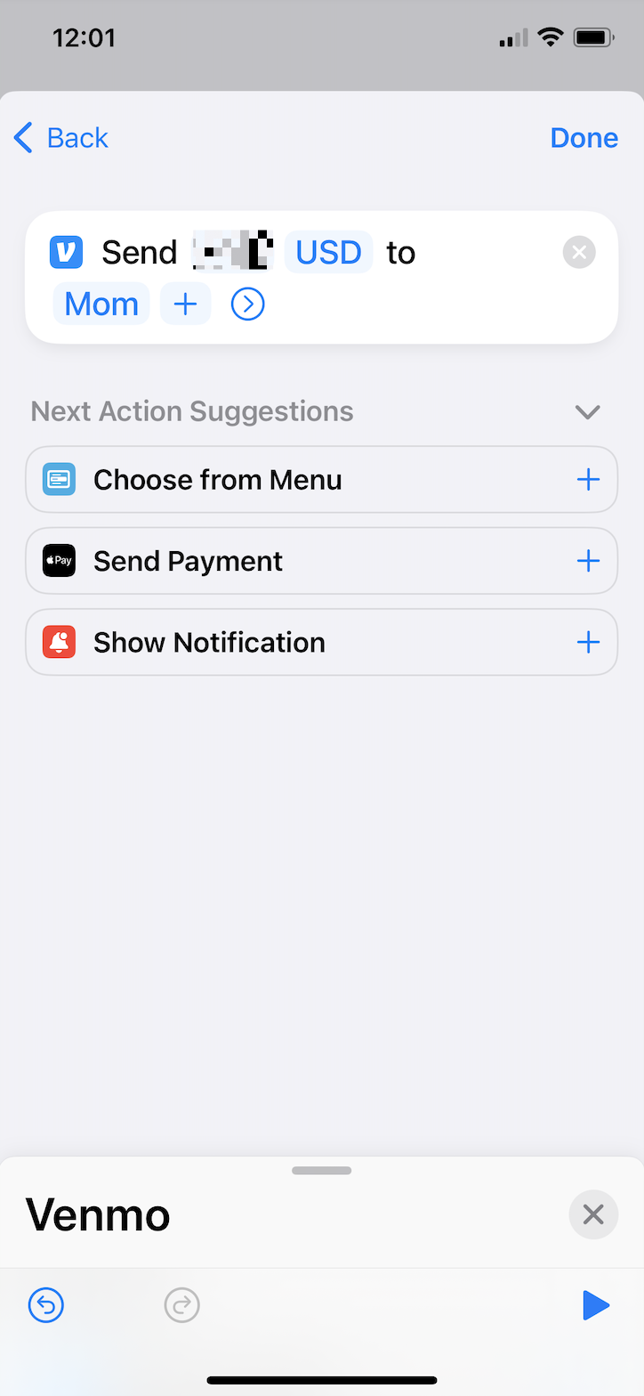 Setting up a Venmo automation on iPhone