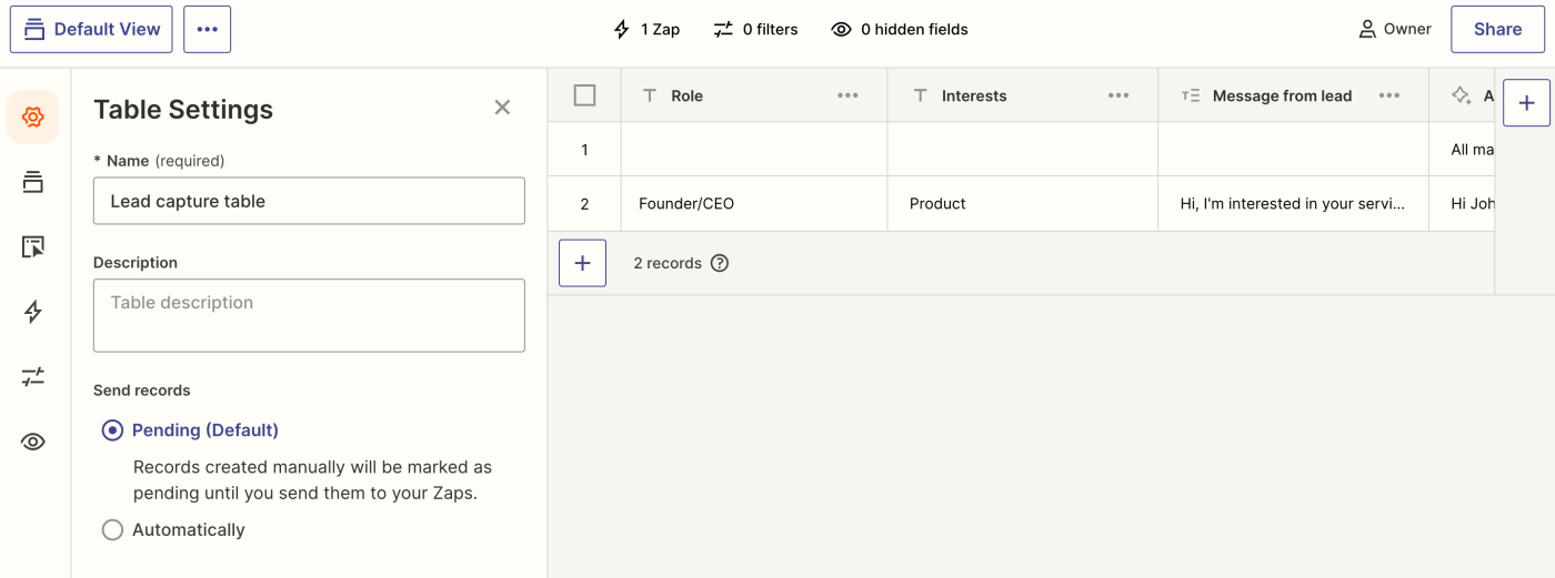 Screenshot of Table settings