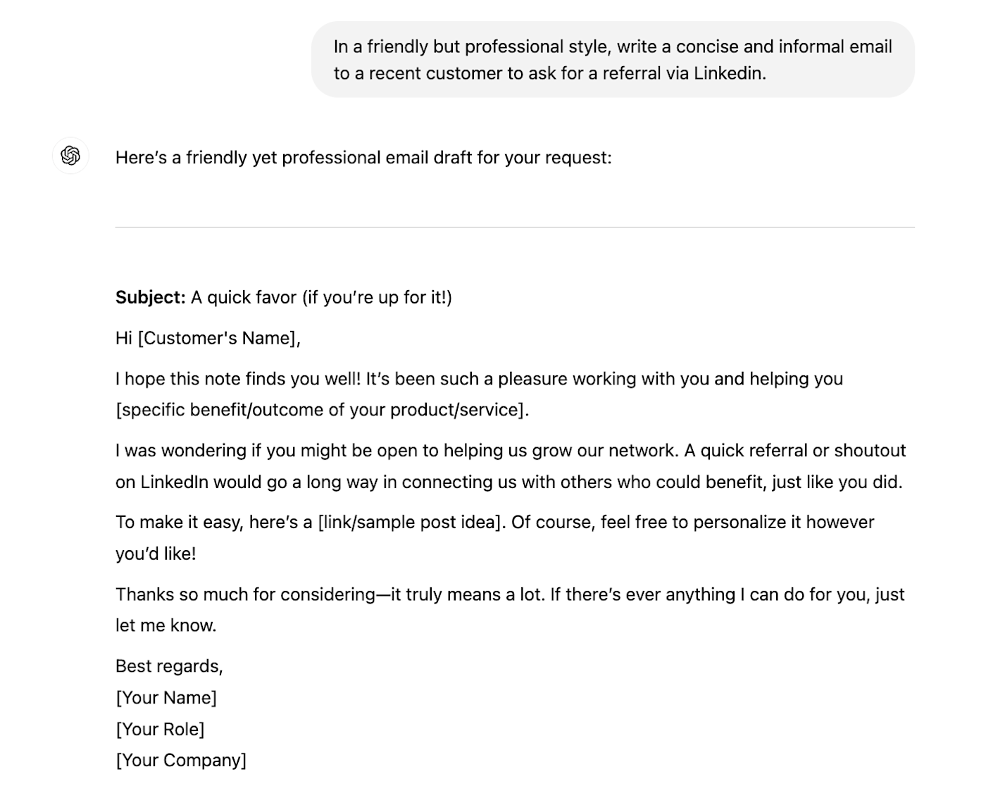 ChatGPT output for a customer referral message template. 