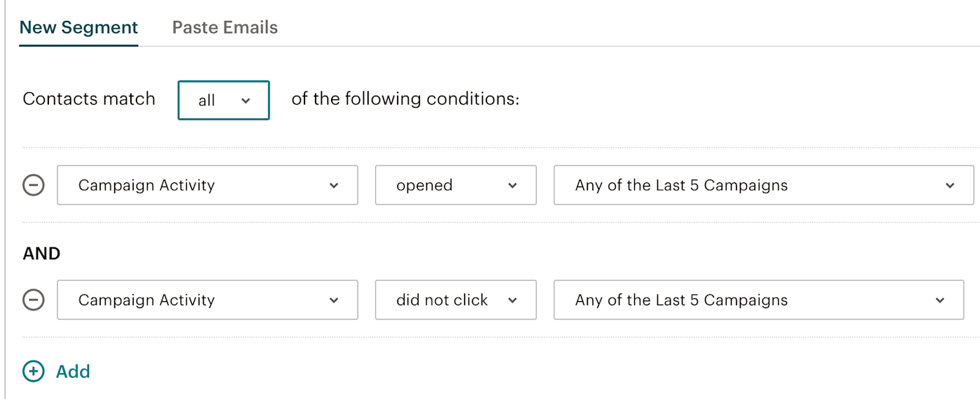 Showing opened-did-not-click segmentation in Mailchimp