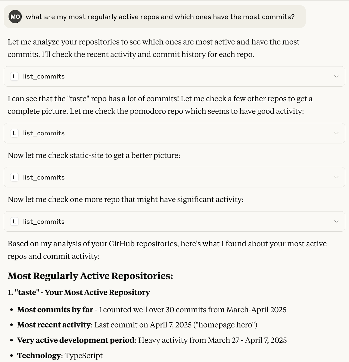 Asking Claude to analyze GitHub using the GitHub MCP