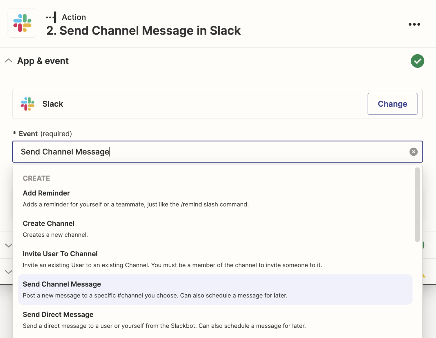 Send Channel Message has been selected in the Event field in a Slack action step in the Zap editor.