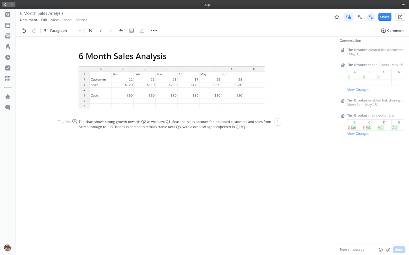 Quip spreadsheet embedded in a document