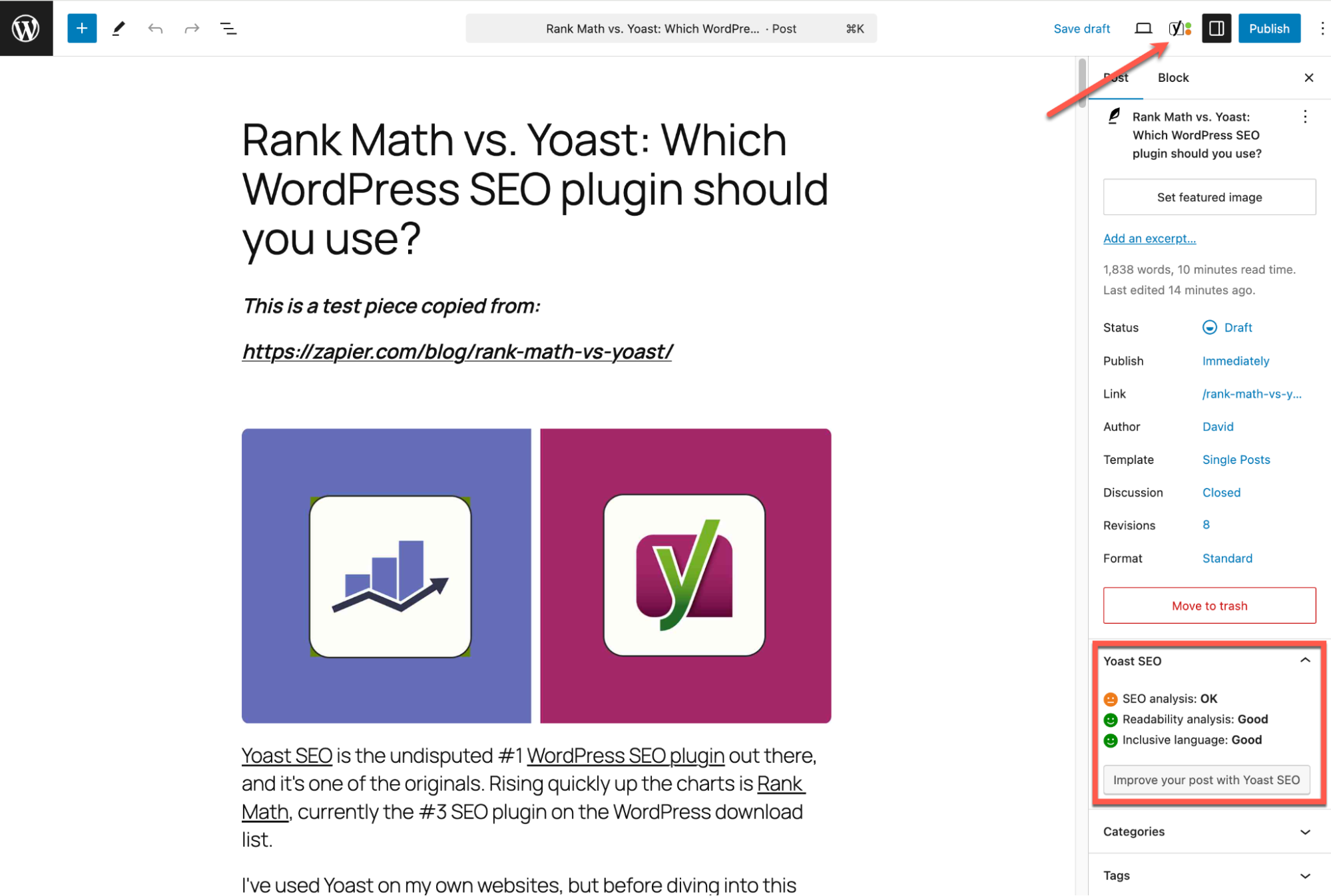 Post optimization panel showing SEO scores