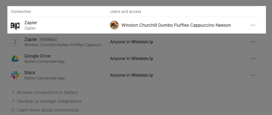 The Connections tab in Notion will show the list of apps connected to your workspace, as well as the users who can access the connection.