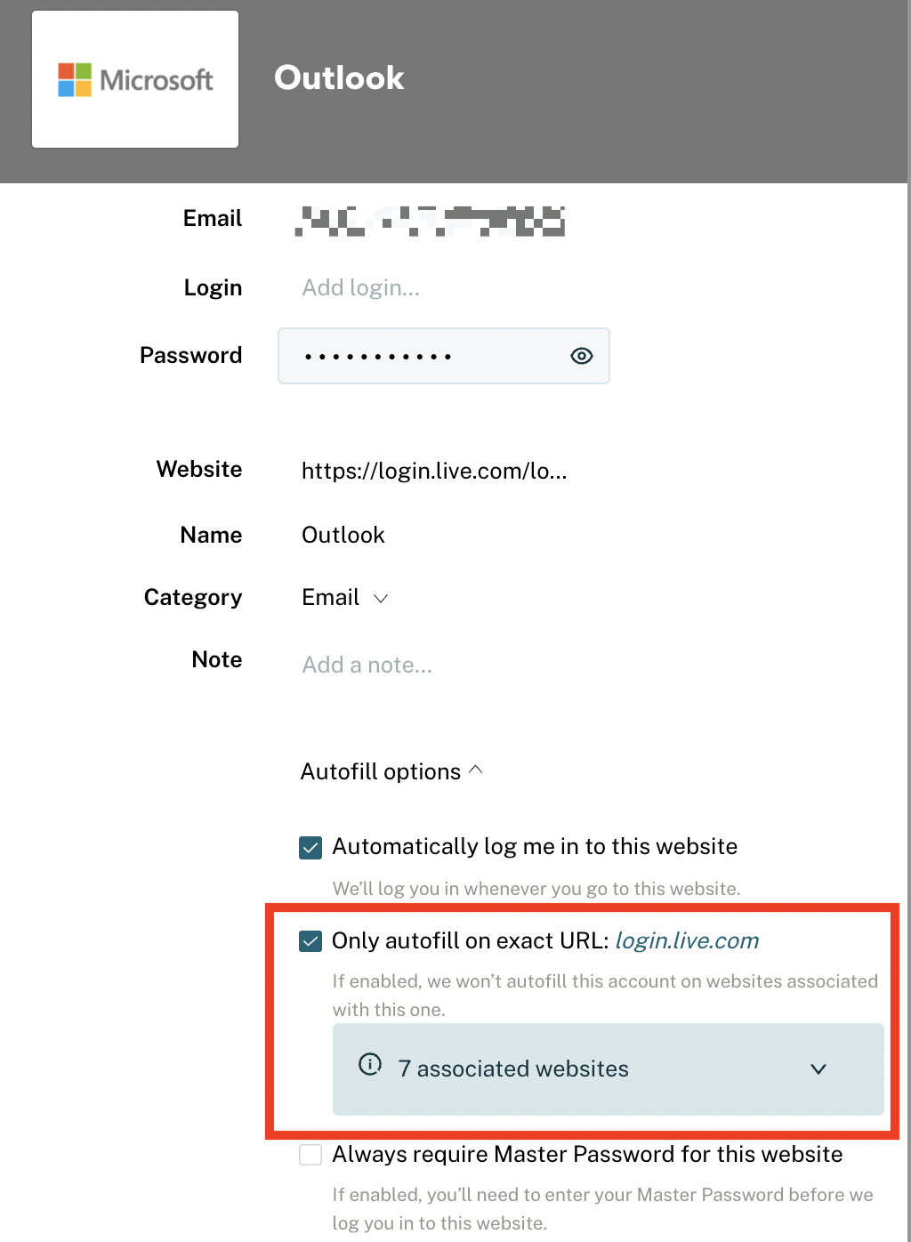 A screenshot of a password manager showing to only autofill on an exact URL