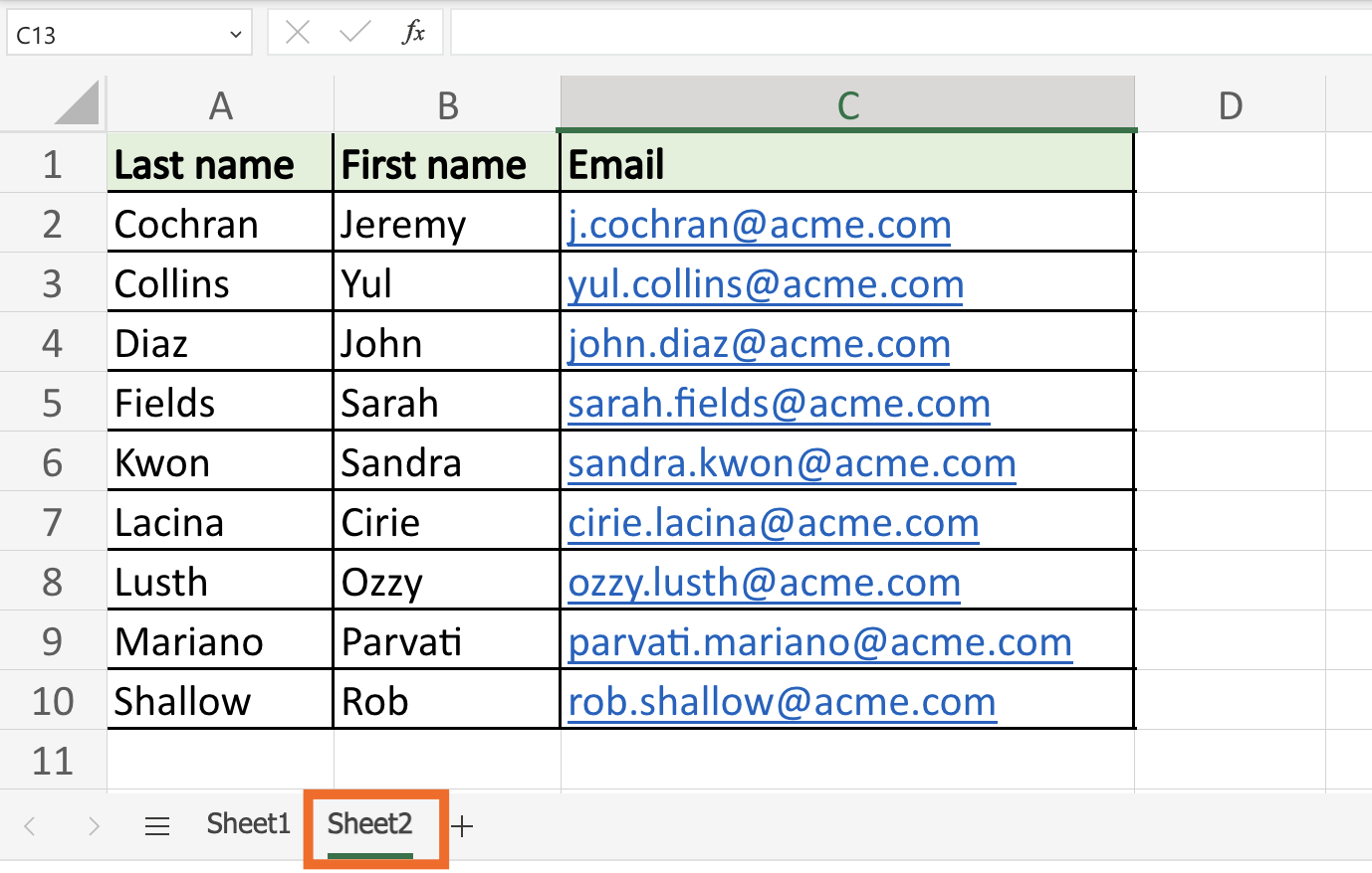 Two spreadsheets in an Excel workbook. The second spreadsheet contains employee names and updated company email addresses. 