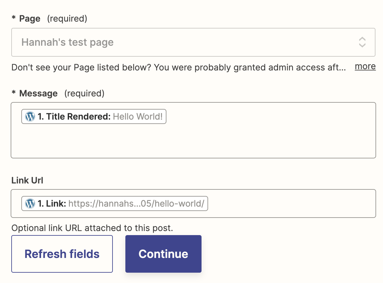Setting up the Facebook Page Post action in the Zap editor. Data from WordPress is selected for the Message and Link URL fields. 