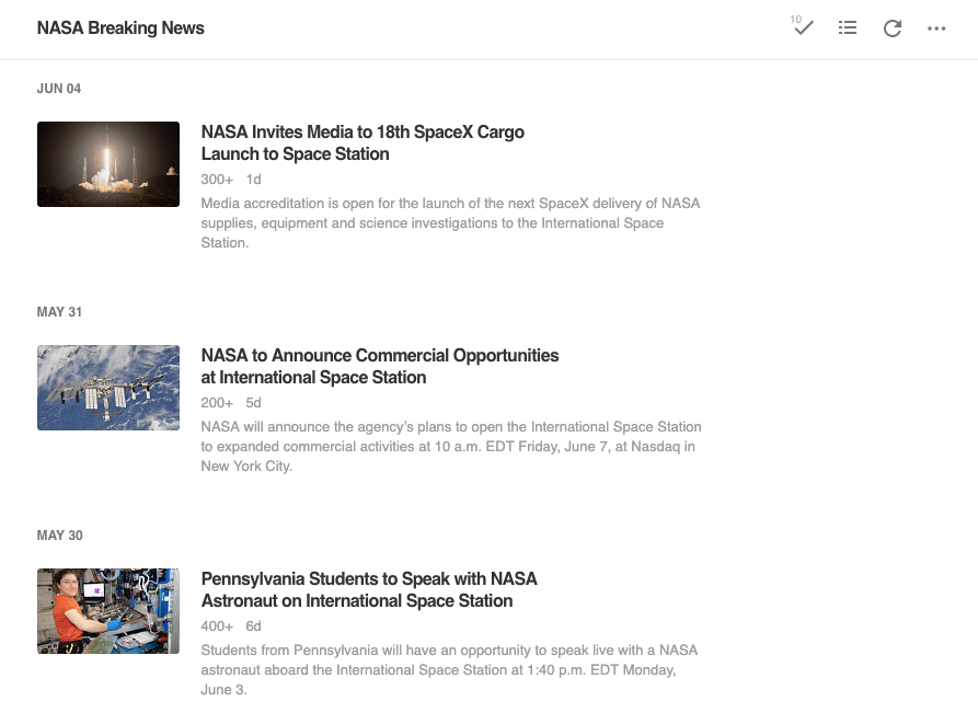 RSS feed in Feedly