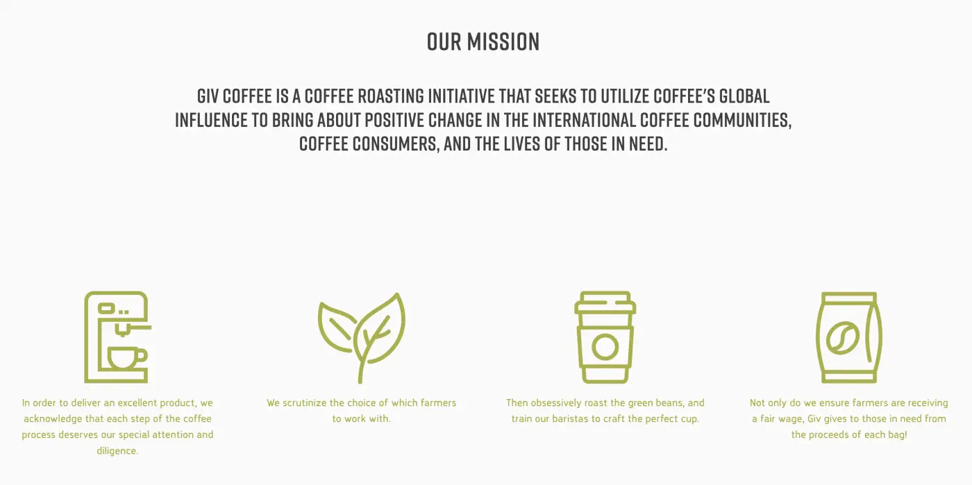 Screenshot from Giv Coffee showing their CSR mission.