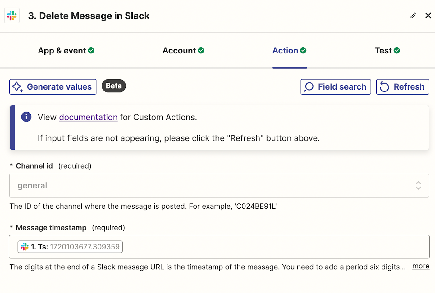 Screenshot of Slack action set up in zap editor