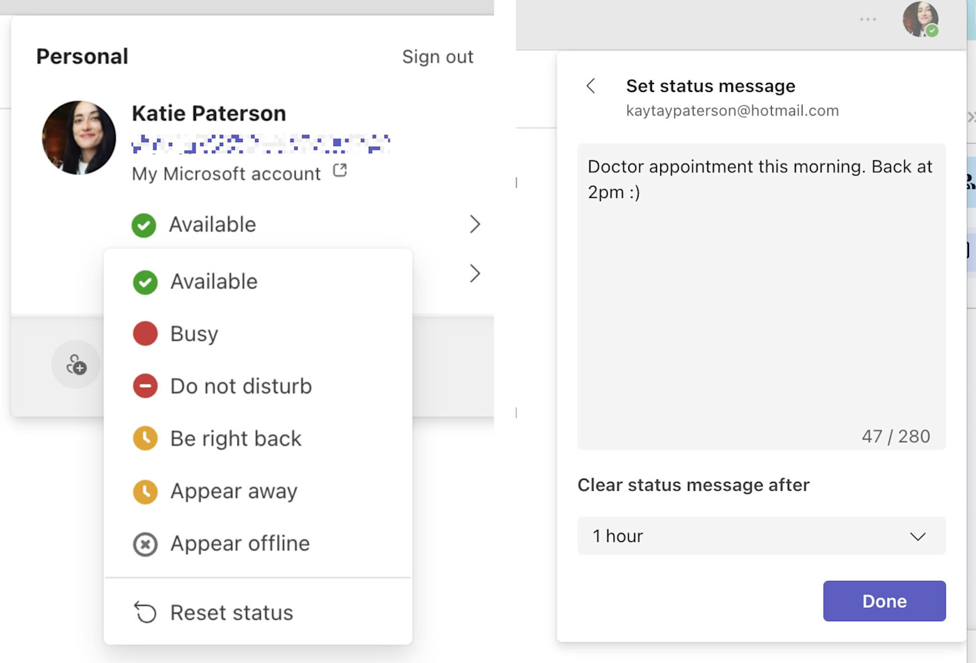 Setting an away message in Teams