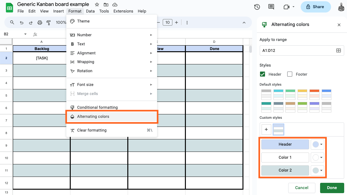 Screenshot of Google Sheets document titled Generic Kanban board example with alternating blue cell colors and highlighted boxes showing to select this from the Format dropdown.