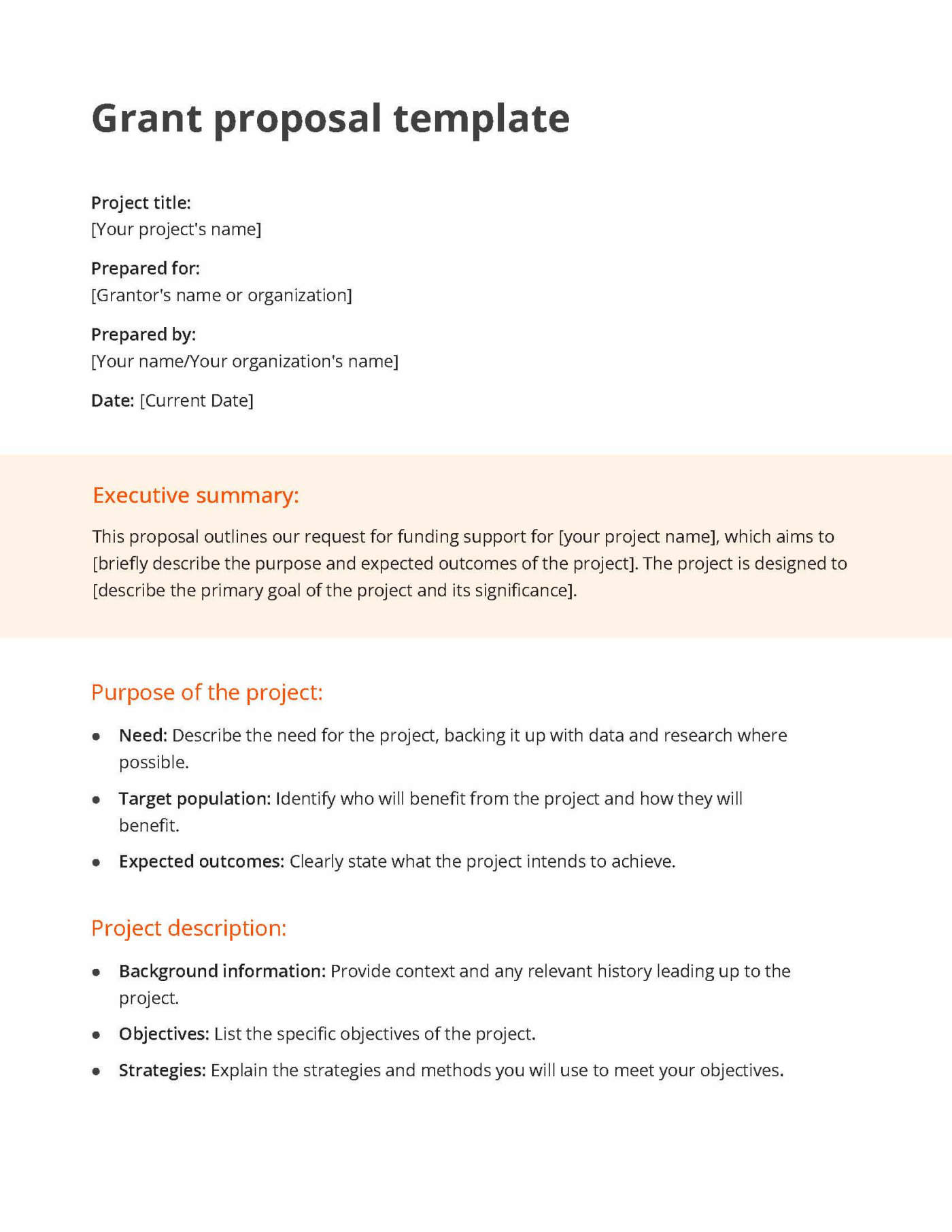 White and orange grant proposal template including a section for the executive summary, purpose of the project and project description
