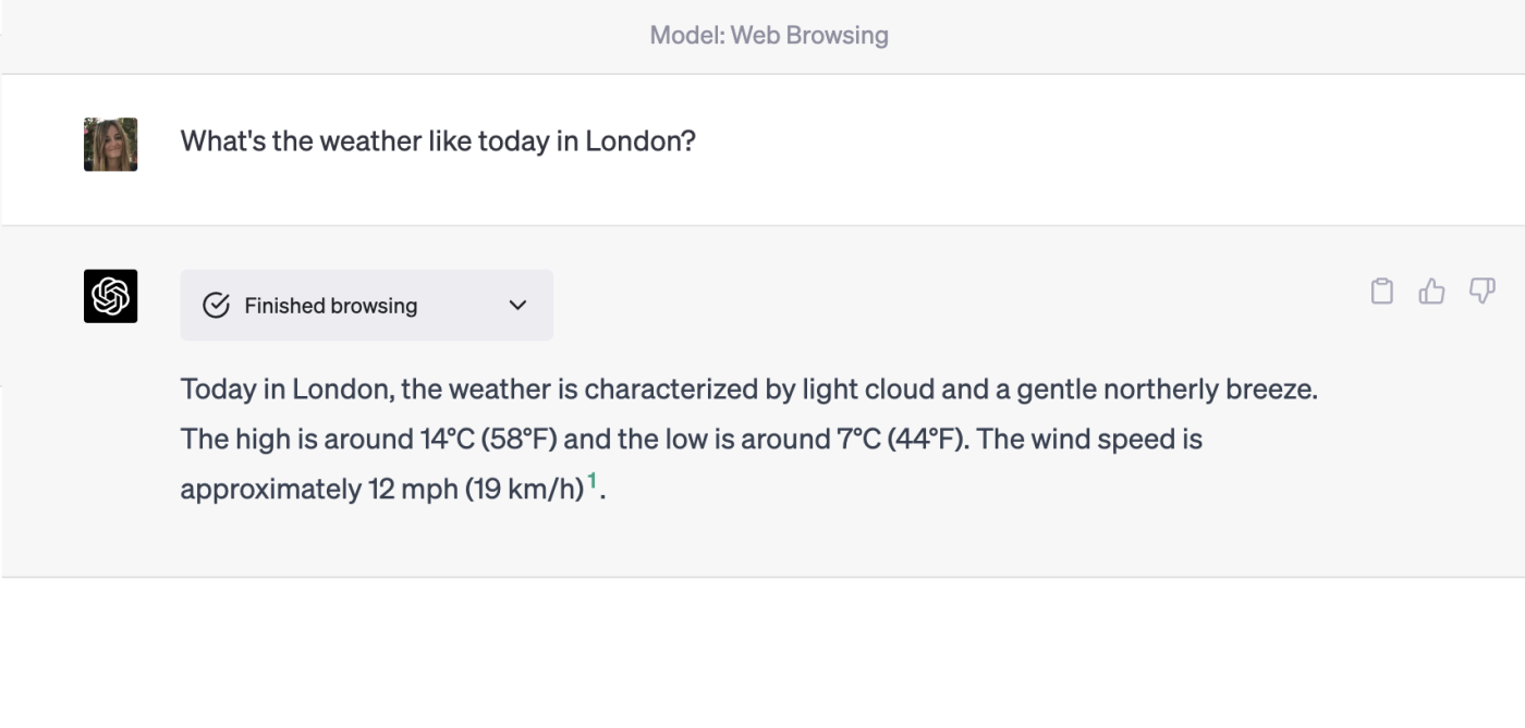 ChatGPT telling the weather in London