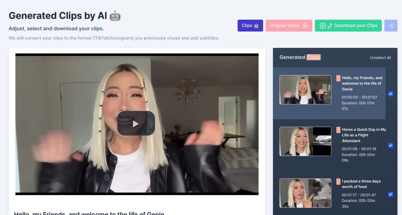 A screenshot of ClipMaker.ai, which repurposes videos for different social channels