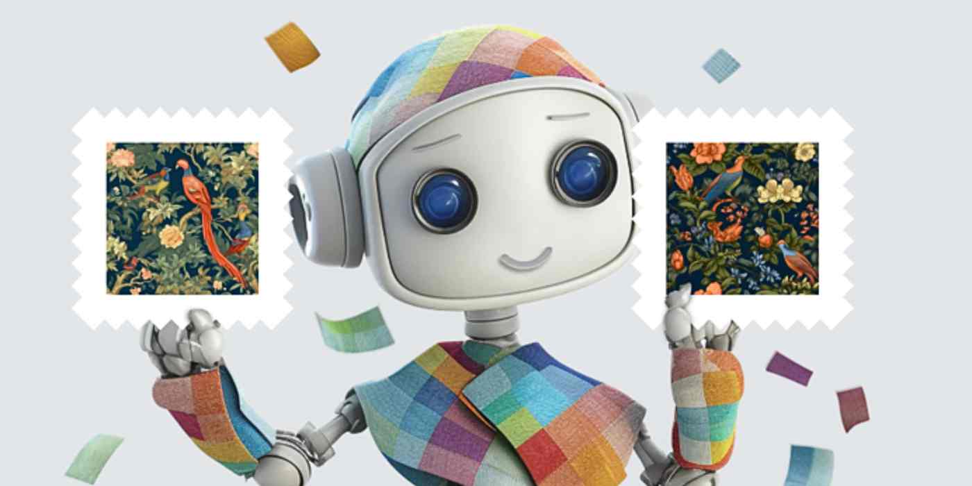 Hero image of robot holding up fabric swatches 