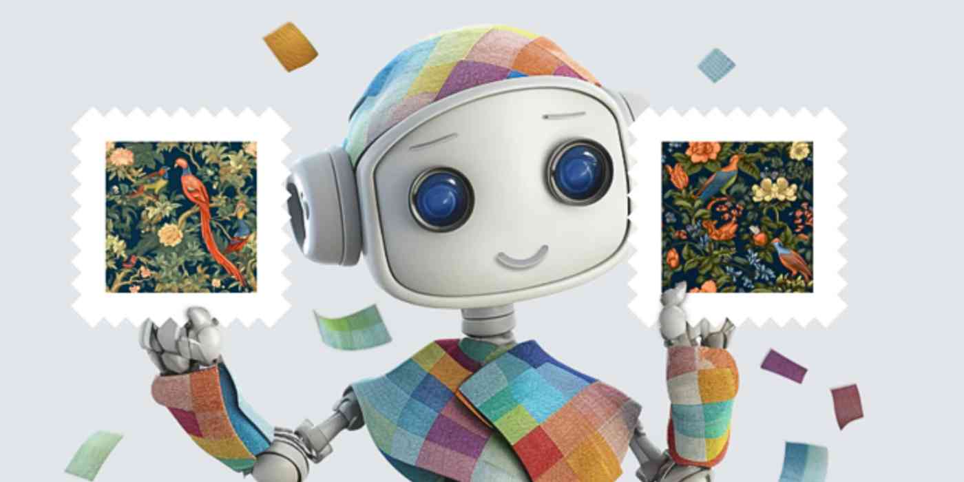 Hero image of robot holding up fabric swatches 