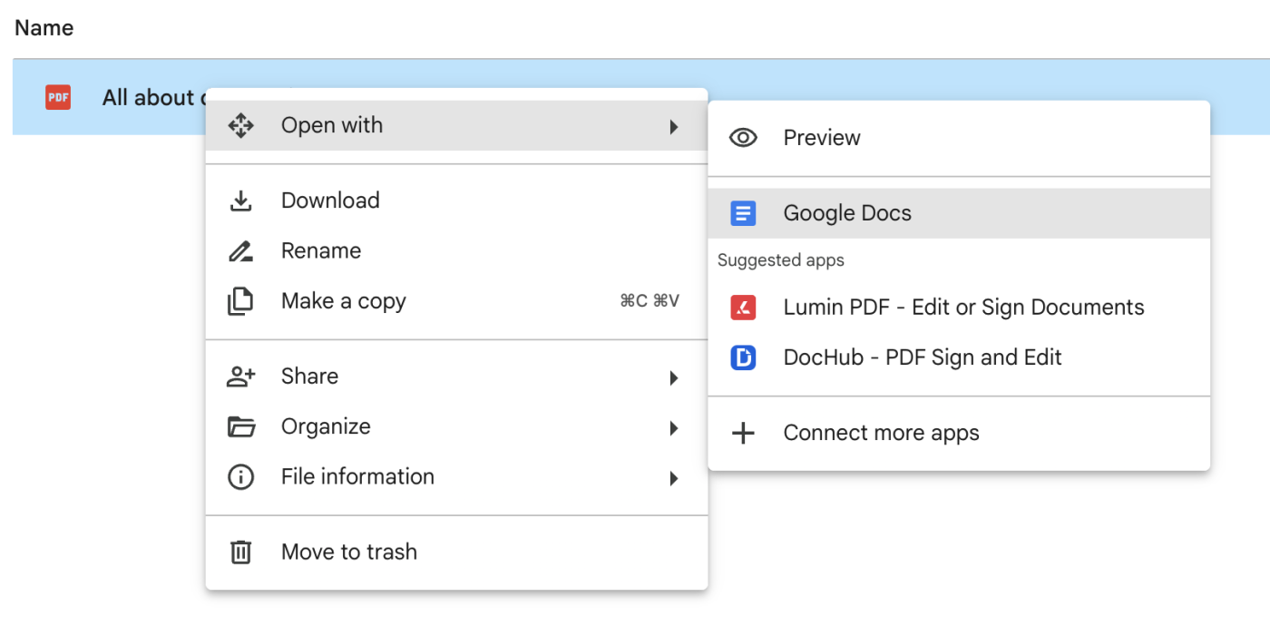 Expanded view of the right-click menu of a PDF file in Google Drive. The option to open with Google Docs is highlighted.