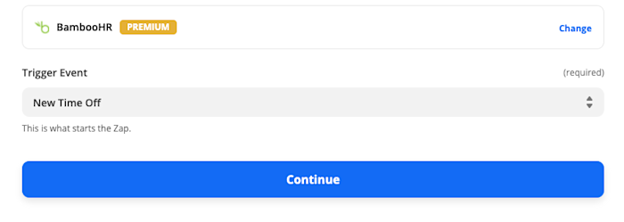 A screenshot showing the trigger event setup of a Zap. In this case, BambooHR is shown, with the event "New Time Off" selected in the dropdown. A blue button that reads "Continue" is at the bottom.