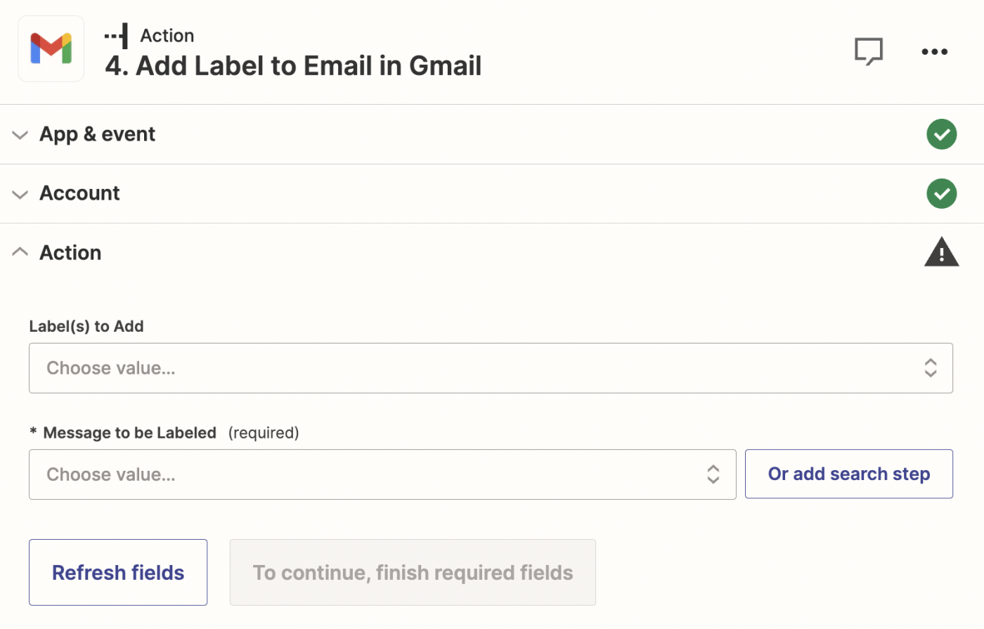 A screenshot of a gmail action step in the Zapier editor.