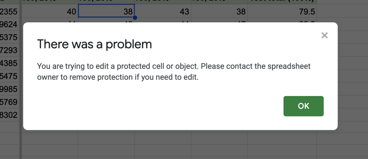 Error message that appears in Google Sheets when someone who doesn't have permission to edit a locked cell tries to modify it.