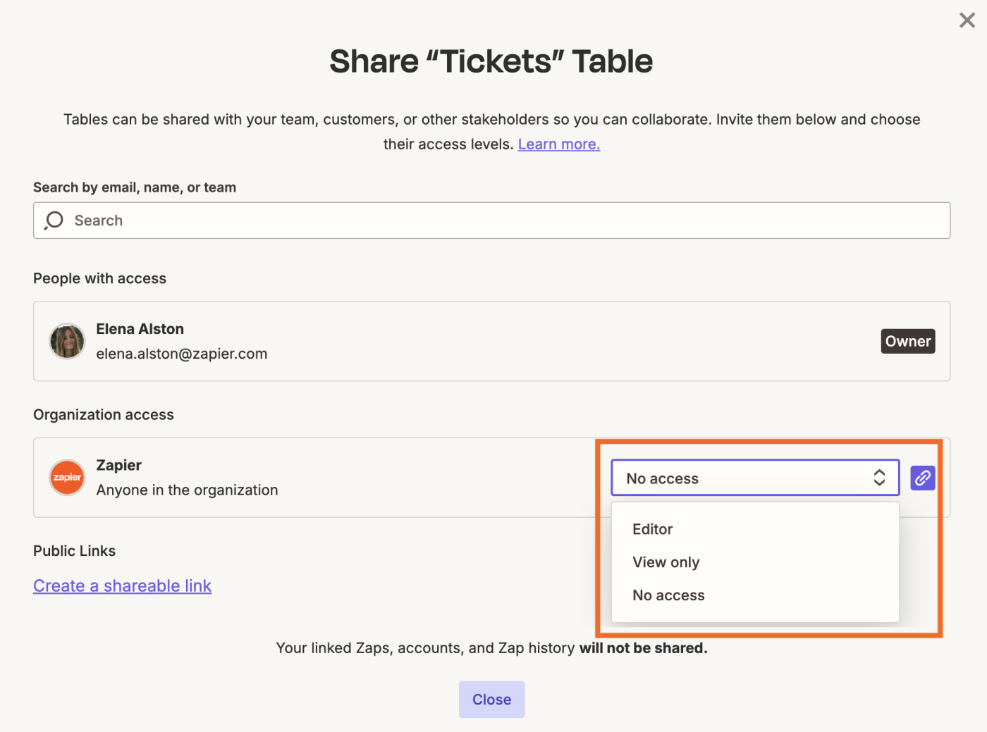 Screenshot of share access in Tables