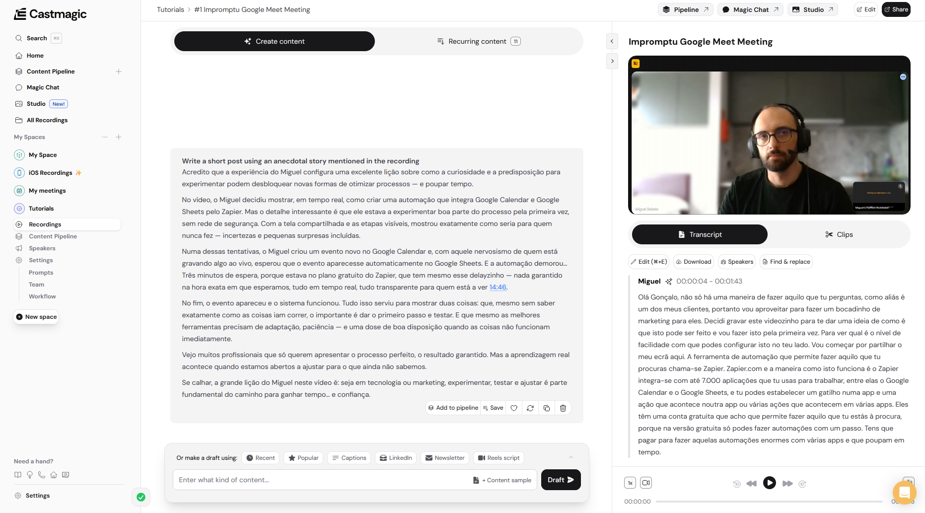 Castmagic, our pick for the best transcription app for turning transcripts into other content types
