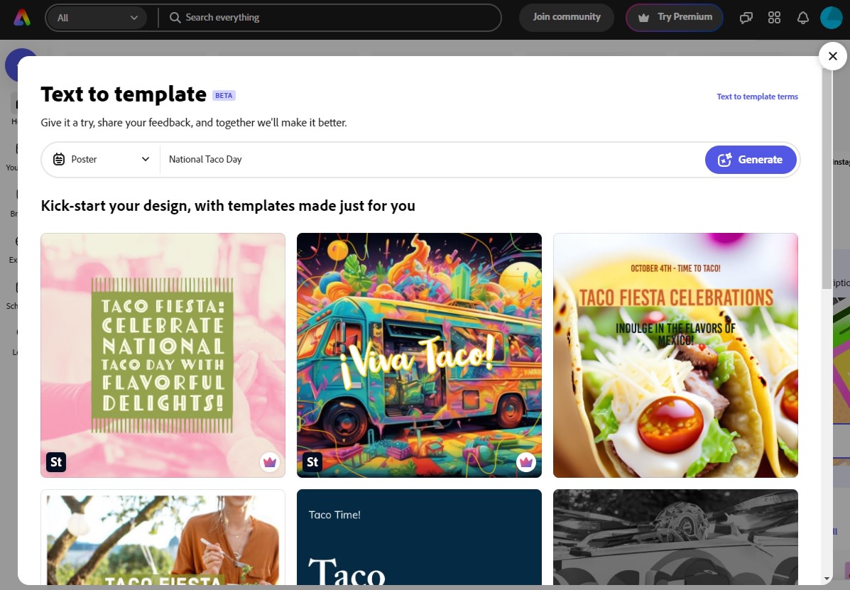The text-to-template feature in Adobe Firefly, creating a campaign for National Taco Day
