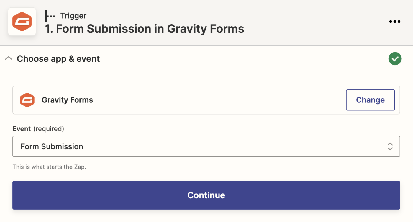 The Gravity Forms app selected with Form Submission selected in a field labelled Event.