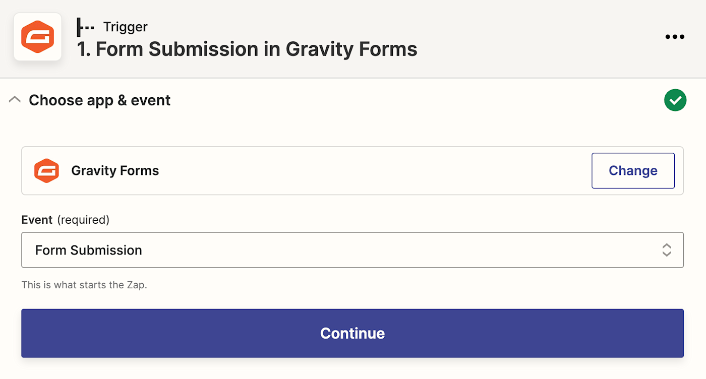 The Gravity Forms app selected with Form Submission selected in a field labelled Event.