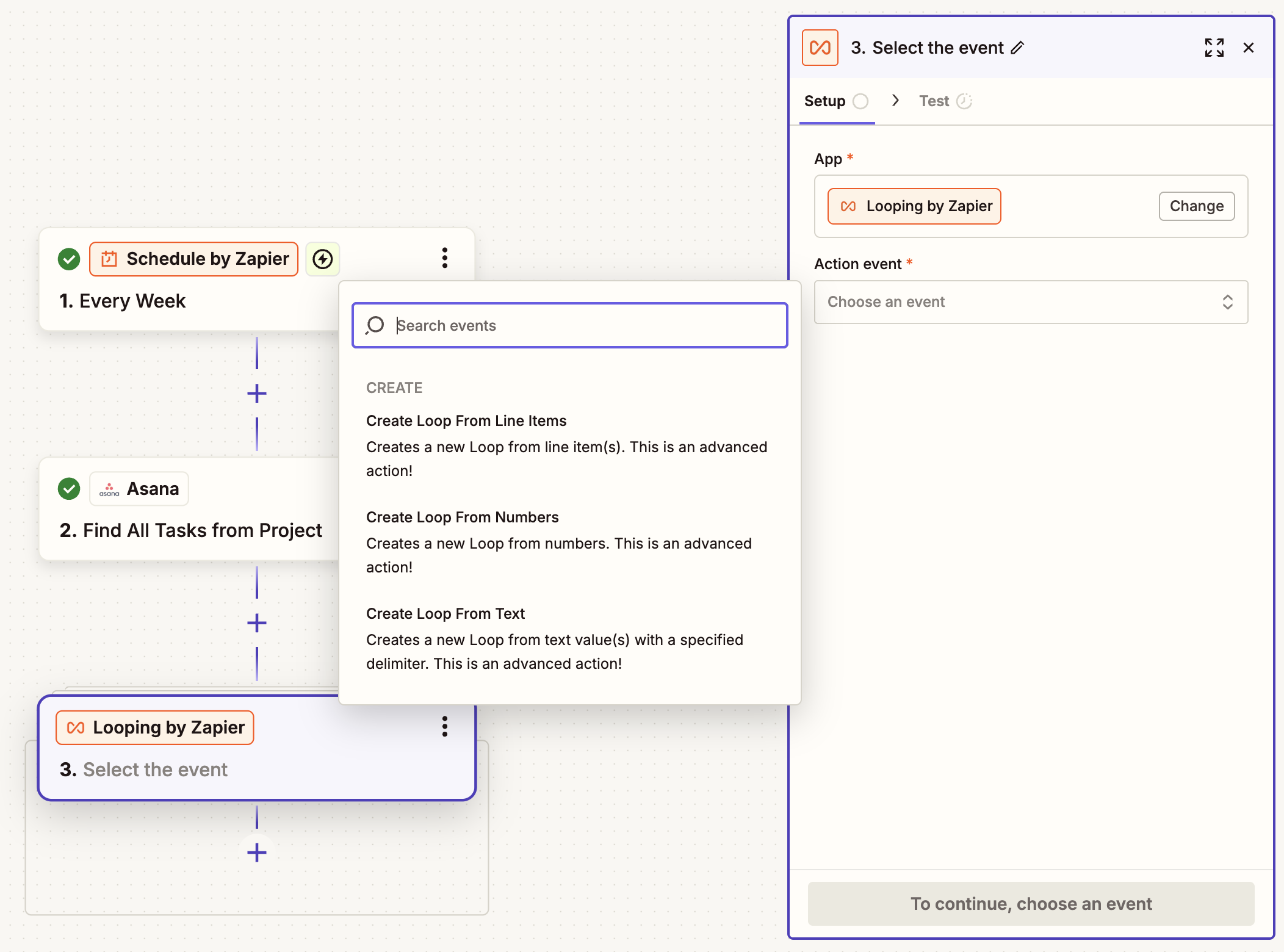 A screenshot of the Zap editor showing a workflow and a configuration screen that lets you select whether you want to create a loop from line items, numbers, or text