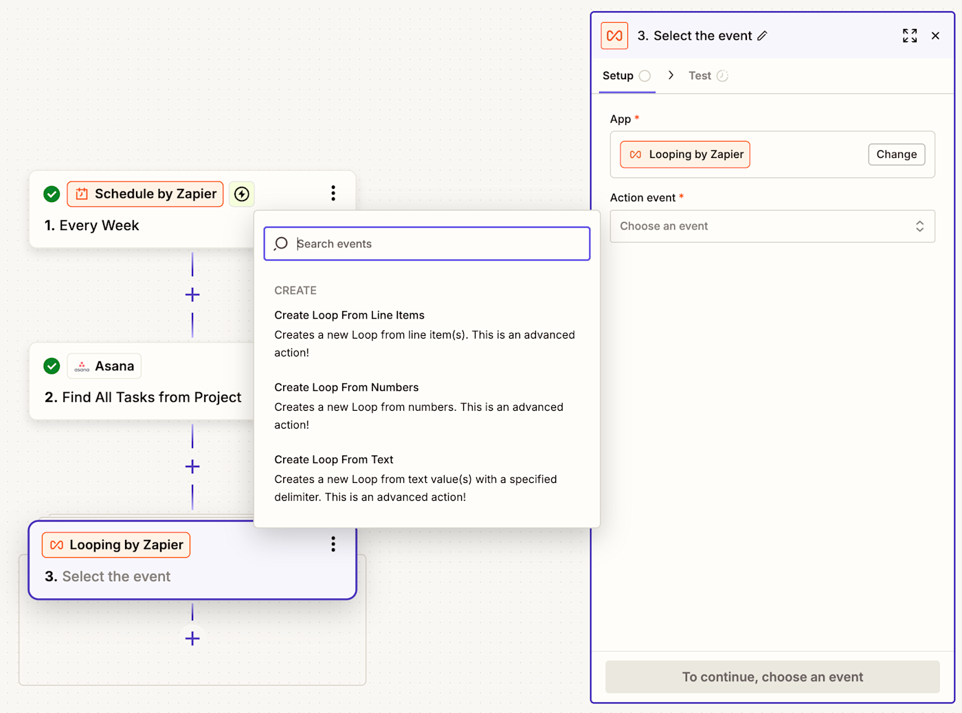 A screenshot of the Zap editor showing a workflow and a configuration screen that lets you select whether you want to create a loop from line items, numbers, or text