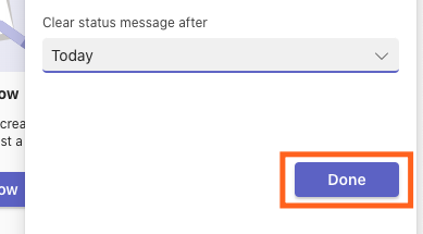 Screenshot of Teams 365 away status menu done button.