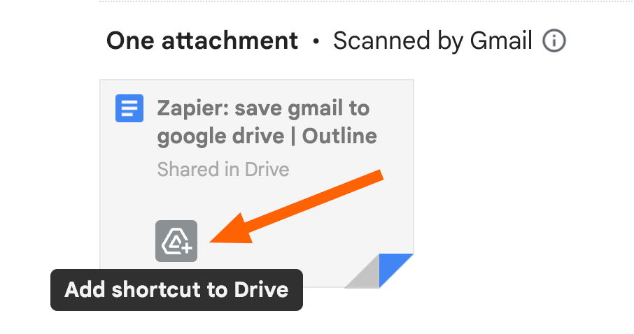 Attachment in Gmail showing a Google Doc with an orange arrow pointing to the "Add to Drive" icon.