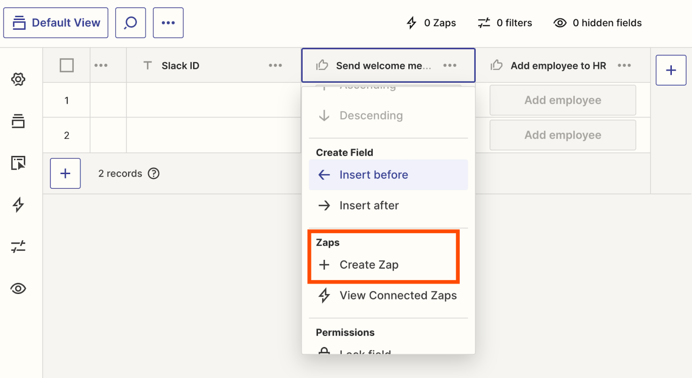 Screenshot of create zap option