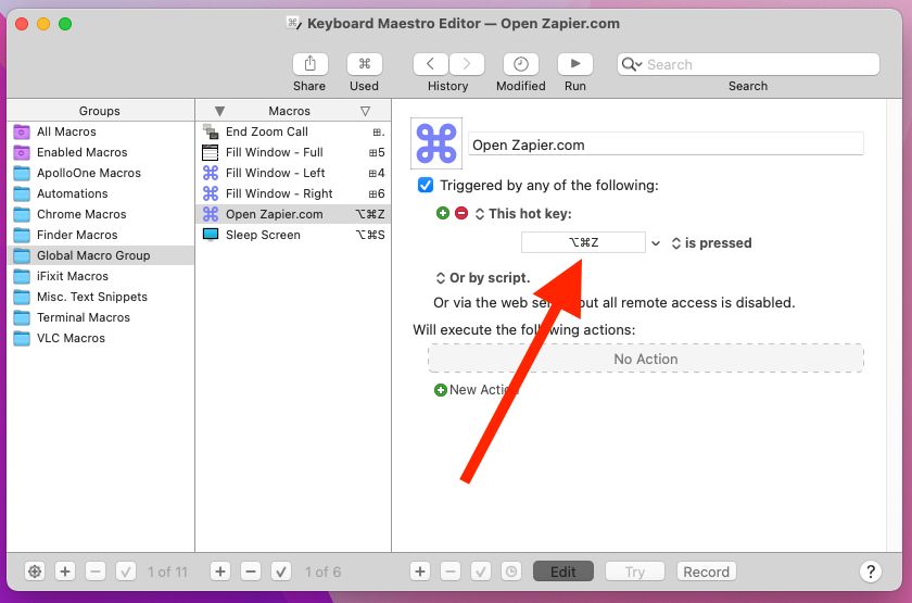 A screenshot of Keyboard Maestro with an arrow pointing to the "hot key" field